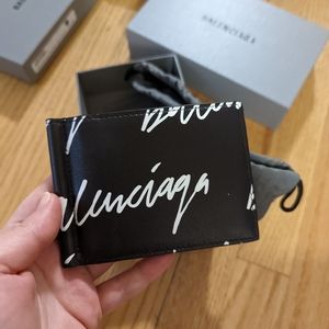 Balenciaga Cash Black Leather Scribble Logo Money Clip Wallet